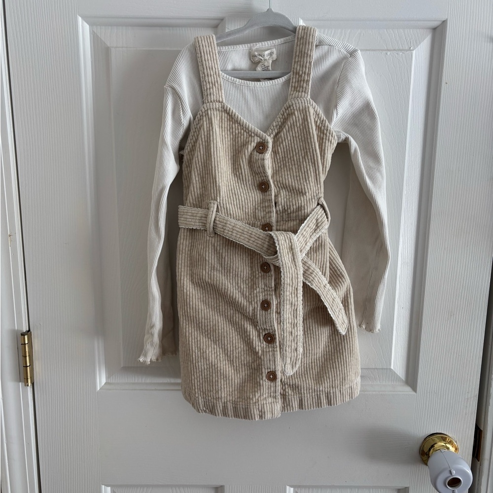 Chic Beige Corduroy Kids Dress with Belt